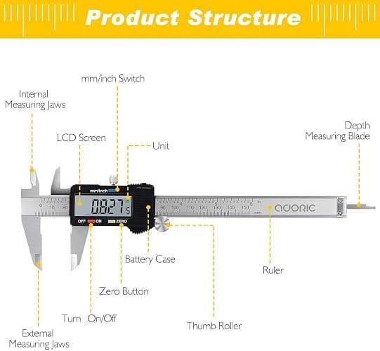 Adoric Digital Caliper, Electronic Digital Caliper Stainless Steel Body with Large LCD Screen | 0-6 Inches | Inch/Millimeter Conversion thumbnail 2
