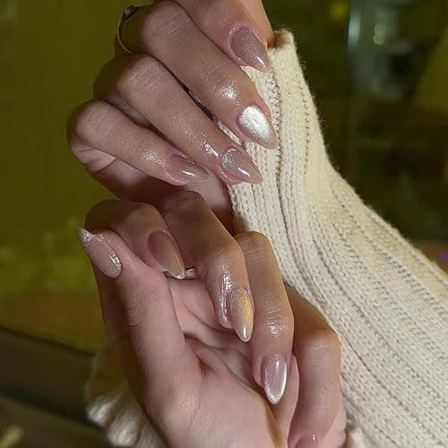 KQueenest Glitter Cat Eye Press on Nails Medium Short Almond, 30 Pcs Thick Cute Acrylic Nails Press on, Gel Fake Nails Short with UV Coating, Reusable Glue on Nails for Women Daily Wear, Nude Sparkle thumbnail 3