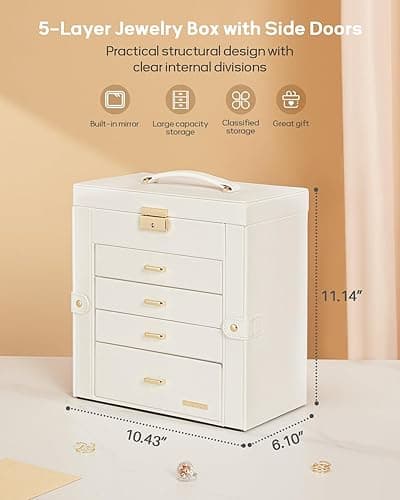 Homde Synthetic Leather Huge Jewelry Box Mirrored Watch Organizer Necklace Ring Earring Storage Lockable Gift Case (White + Gold) thumbnail 4