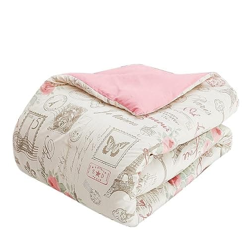 City of Romance 5-Piece Comforter Set, Super Soft, Paris decor for bedroom, Eiffel Towers, Watercolor Floral Bouquets, Butterflies, Reversible Bedding, French Country Pattern, Pink/White, Queen thumbnail 4