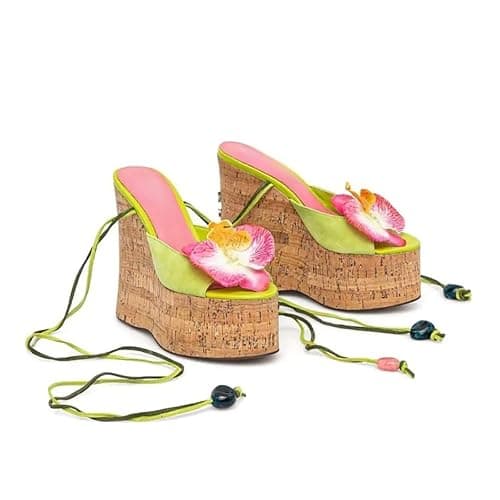 LINMUYOUJIA women's Flowers Cork Platform Bohemian wedge sandals Womens ankle Strap Tropical Peep Toe lime green Tie Up High Heel Party Prom Evening Dance Shoes thumbnail 6