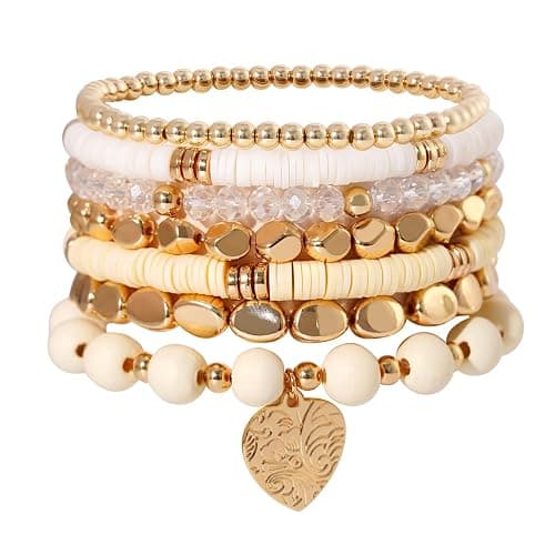 GOOJIDS Surfer Heishi Clay Bead Bracelets for Women Bohemian Stackable Gold Plated Beaded Stretch Bracelets Elastic Layering Friendship Bracelets Set Boho Jewelry - Image 1