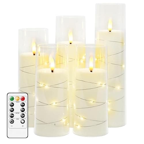 kakoya Flameless LED Candles with Timer 5 Pc Flickering Flameless Candles for Romantic Ambiance and Home Decoration Stable Acrylic Shell,with Embedded Star String,Battery Operated Candles(White) - Image 1