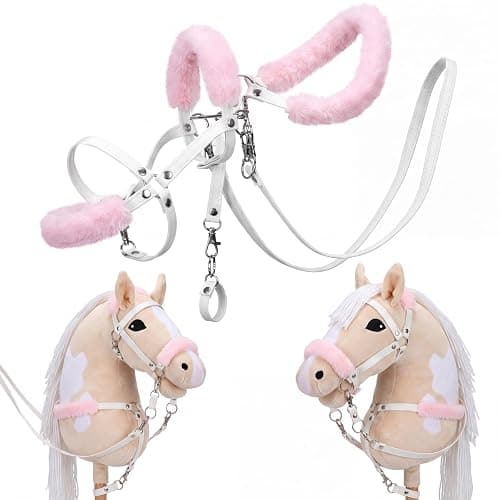 Shappy Hobby Horse Toy Accessories Realistic Horse Bridle with Metal Bit and Adjustable Reins, Faux Leather and Stainless Steel for Equestrian, Themed Events Competitions and Play (White, Pink) - Image 1
