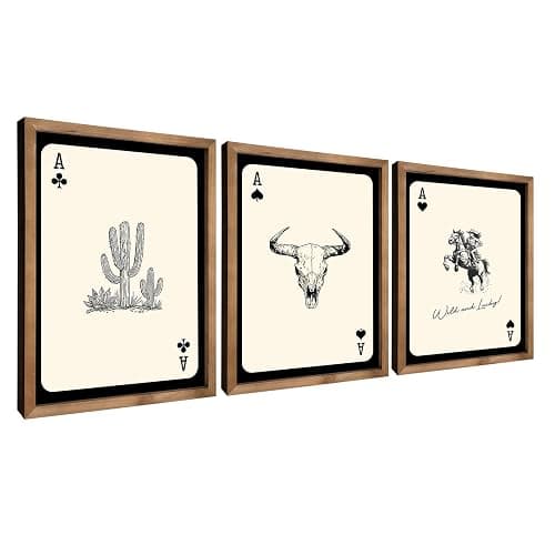 flangairy 3 Piece Western Wall Art Framed, 15.7×11.8 In Wooden Cowgirl Longhorn Bull Skull Cactus Wall Decor, Playing Card Themed Southwestern Rustic Farmhouse Decorations for Home Bedroom Living Room thumbnail 7