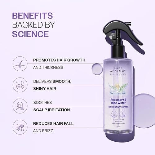Bare Anatomy Nature x Science Rosemary Water Spray for Hair Growth & Hair Thickness with Rice Water |100% Natural Extract | Soft & Smooth Hair| Controls Hairfall| Non-Greasy & Fast Absorbing | 200 ml thumbnail 3