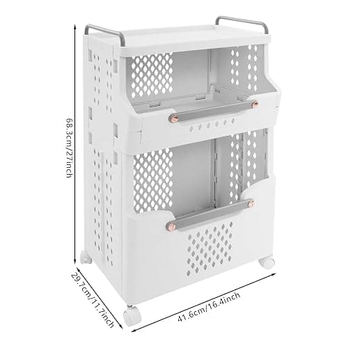 2-Tier Laundry Basket with Wheels, Stackable Storage Bins, Plastic Foldable Laundry Room Bathroom Storage Organizer thumbnail 3