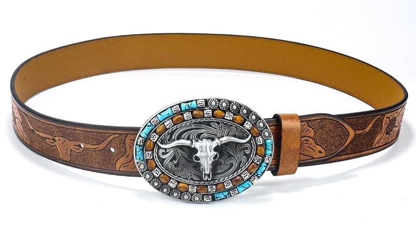 Western-Cowboy-Leather-Belts for Women Turquoise-Oval-Buckle Embossed Cowgirl Belt for Jeans Pants Fit for 27"-41" thumbnail 5