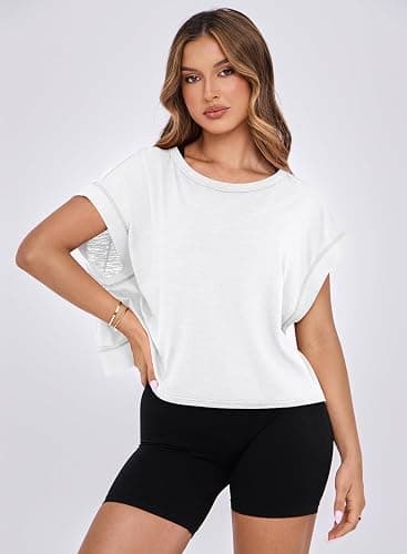 MIHOLL Womens Oversized Workout Crop Tops Open Back Casual Short Sleeve Crew Neck Cotton Loose Boxy Tshirts thumbnail 2