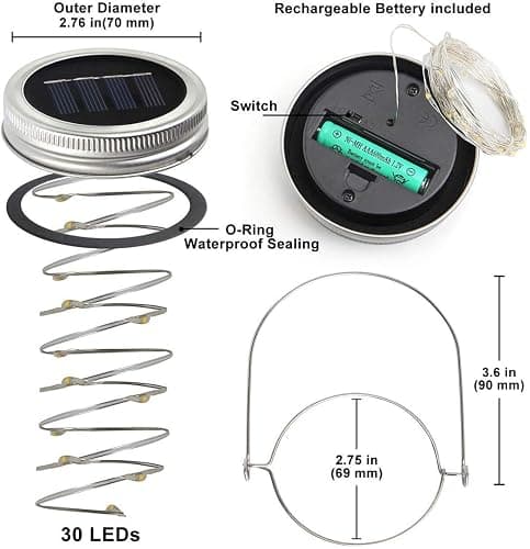 Urvoix Solar Mason Jar Lights - 8 Pack 30 LED Solar Fairy Lights Outdoor, Waterproof Mason Jar Lids Lights Solar Powered String Lights with Hangers(NO Jars) for Garden Patio Lantern Decor thumbnail 7