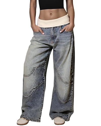 LETSVDO Women's Baggy Barrel Jeans Elastic High Waisted Wide Leg Cargo Y2k Patchwork Casual Stretchy Denim Pants - Image 1