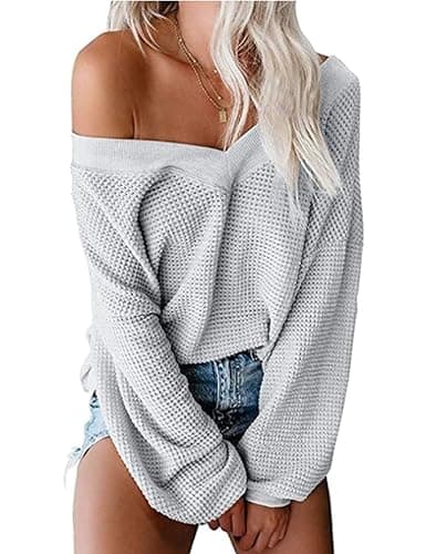 Tobrief Women's V Neck Long Sleeve Waffle Knit Tops Off Shoulder Oversized Pullover Sweater - Image 1