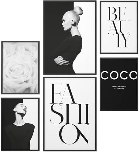 Papierschmiede® Set Mood Posters, Tableau Décoration Murale sans cadres « Coco Black Beauty » Bureau, Salon, Deco Chambre Parentale, Cuisine, 2x A4 et 4x A5, noir blanc rose mode - Image 1