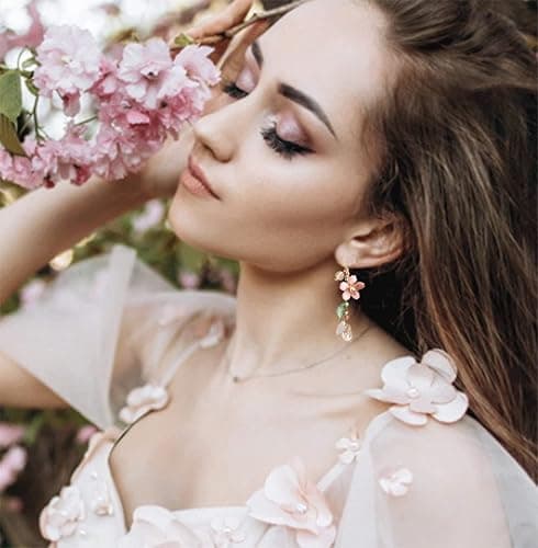 Pink Flower Dangle Earrings for Women Cute Asymmetry Flower Earrings Fairy Statement Summer Refreshing Seaside Idyllic Holiday Earrings thumbnail 3
