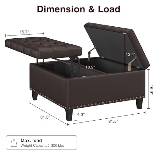 FiveWillowise Square Leather Ottoman with Storage, Faux Leather Coffee Table with Lift Top,Large Upholstered Footrest Stool Toy Box Storage Bench for Bedroom Living Room, Chocolate thumbnail 2