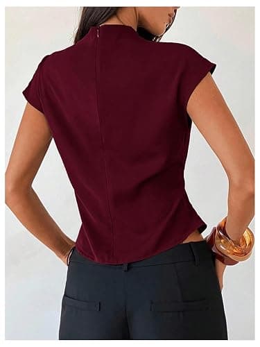 Floerns Women's Buckle Tie Elegant Blouse Mock Neck Shirts Cap Sleeve Business Casual Tops thumbnail 3