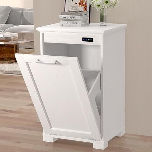 Ymise Tilt Out Trash Cabinet, 10-Gallon Trash Can Cabinet with Deodorising Function, Wooden Freestanding Garbage Can for Home and Kitchen Hidden Laundry Hamper, White thumbnail 3