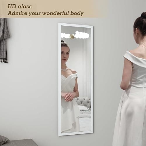 whitebeach 48" x 16" Over The Door Full Length Mirror Wall Mounted Hanging with 2 Metal Hangers for Bedroom Living Room Bathroom White thumbnail 2