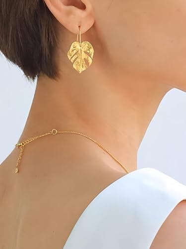 Unimooie 18k Gold Plated Vibe Monstera Leaf Earrings for Women Gold Lightweight Boho Leaves Hook Drop Dangle Party Gift thumbnail 4