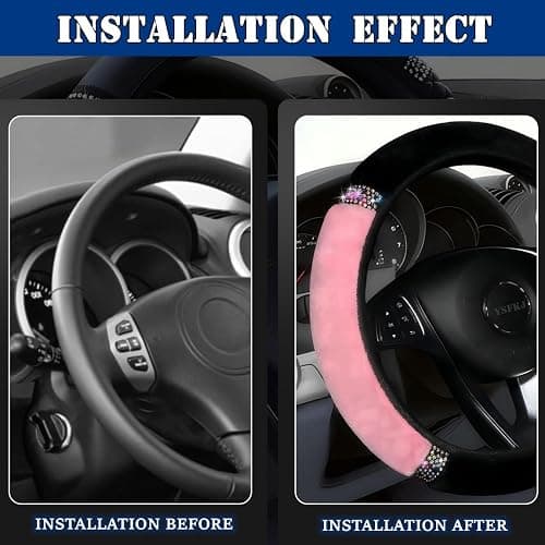 YSFKJ Fluffy Steering Wheel Cover, Universal 15 Inch Colorful Rhinestones Car Steering Wheel Cover, Sparkly Crystal Diamond Steering Wheel Protector for Women Girls,Pink thumbnail 3
