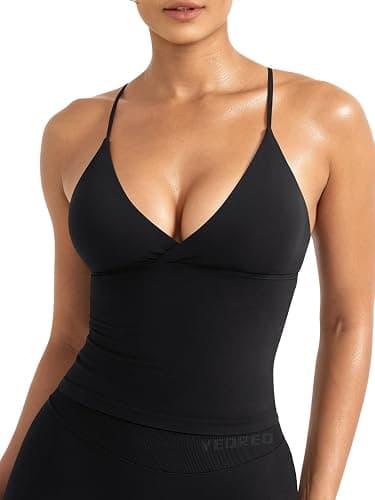 YEOREO LuxFlow Women's Workout Tank Top with Bra Pads Twist Front Straps Summer Seamless Camisole Shirts Longline Sports Bras - Image 1