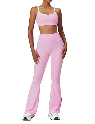 OMEWEE Yoga sets for women 2 piece Fashion contrasting lines Sports Bra and High Wasit Split hem Flared Leggings - Image 1