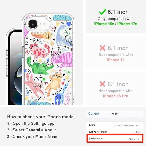 MOSNOVO for iPhone 17e Case/iPhone 16e Case, Compatible with Magsafe, Shockproof Military-Grade Protection 6.6ft Drop Tested, Magnetic Clear Phone Case for iPhone 17e, Doodle Cats Design thumbnail 2