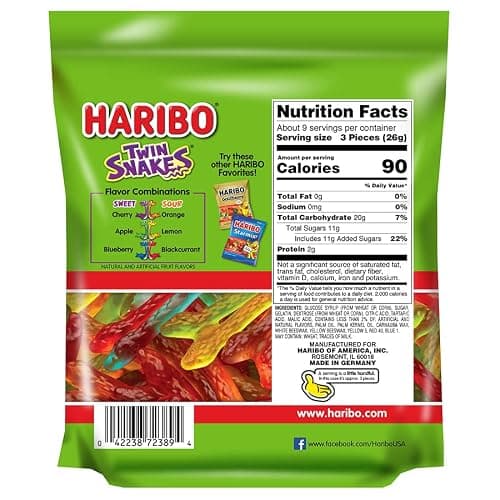 HARIBO Gummi Candy, Twin Snakes Sweet & Sour Gummy Candy, 8.3 Ounce Resealable Share Size Stand Up Bag, Soft & Chewy Snacks, Assorted Fruity Flavors thumbnail 2