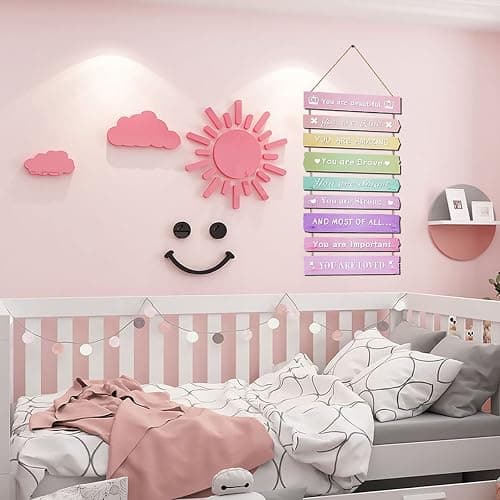 Pink Room Decor for Teen Girls Aesthetic, Cute Bedroom Wall Decor for Baby Girl, Boho Rainbow Wall Art Signs, Trendy Stuff Decorations for Kids Nursery Bed Room Dorm Classroom Bathroom thumbnail 4
