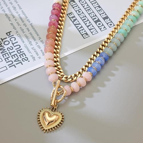 ALFISO Layered Necklaces for Women, Colorful Acrylic Beads & Heart Pendant | Colorful Boho Layered Necklace for Women Who Love Statement Style, for Vacations, Festivals and Casual Outfits thumbnail 4