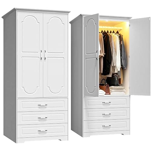 FJTJBSI Armoire Wardrobe Closet with 3 Drawers and LED Light 72" Wooden Bedroom Armoire with 2 Doors and Retro Ceramic Door Handles Modern Wardrobe Cabinet with Removable Hanging Rod White - Image 1