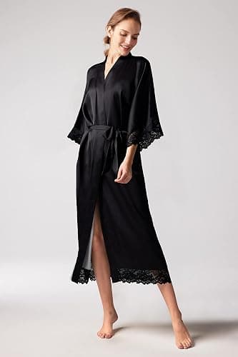 BABEYOND Satin Kimono Robe Silky Long Bridesmaid Wedding Lightweight Bath Robe with Lace Trim thumbnail 3
