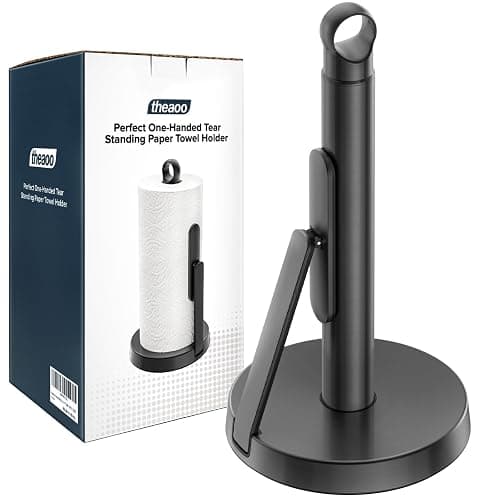theaoo Heavy-Duty Stainless Steel Paper Towel Holder with Tension Arm – Easy One-Handed Tear, Modern Standing Countertop Dispenser for Kitchen, Holds All Paper Towel Rolls (1, Black) - Image 1