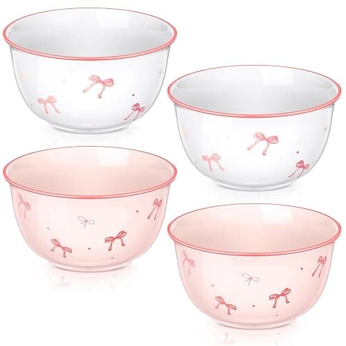 Reallnaive 4 Pcs Pink Bow Ceramic Bowls Set 4.5 Inch Coquette Cute Soup Bowl 12 Ounces Dessert Bowls for Kitchen Side Dishes Ice Cream Rice Soup Snack Cereal, Microwave and Dishwasher Safe - Image 1