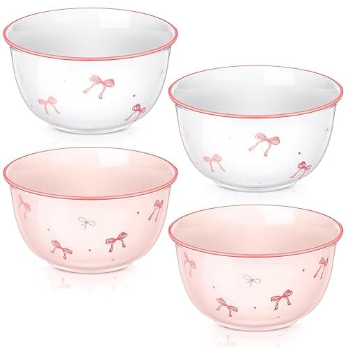 Reallnaive 4 Pcs Pink Bow Ceramic Bowls Set 4.5 Inch Coquette Cute Soup Bowl 12 Ounces Dessert Bowls for Kitchen Side Dishes Ice Cream Rice Soup Snack Cereal, Microwave and Dishwasher Safe - Image 1