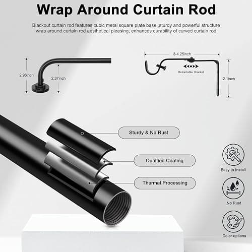 Curtain Rods for Windows 28 to 48 inch, 5/8 Inch Black Curtain Rod, Adjustable Wrap Around Curtains Rod, Blackout Curtains Rods, Metal Room Darkening Curved Cafe Small Drapery Pole, Matte Black thumbnail 8