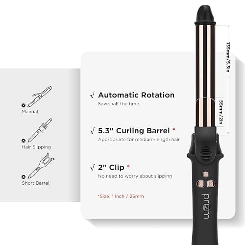 Prizm Rotating Curling Iron, 1inch/25mm Automatic Hair Curler for Long Hair, Self Spinning Barrel, 250-450°F with LCD Display, Auto-Shut Off & Dual Voltage, Black thumbnail 4