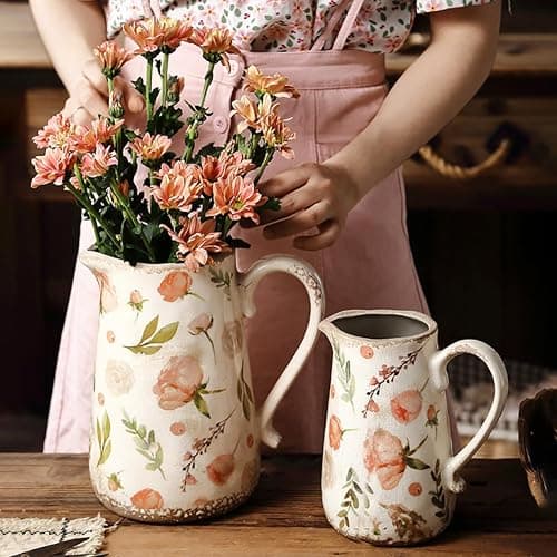 XIUWOUG Vintage Flower Vase Rustic Vases for Home Decor, Distressed Floral Vases with Handle, Ice Crack Pitcher Vase Scroll Tuscan Planter Gardening Decoration,C2 thumbnail 4