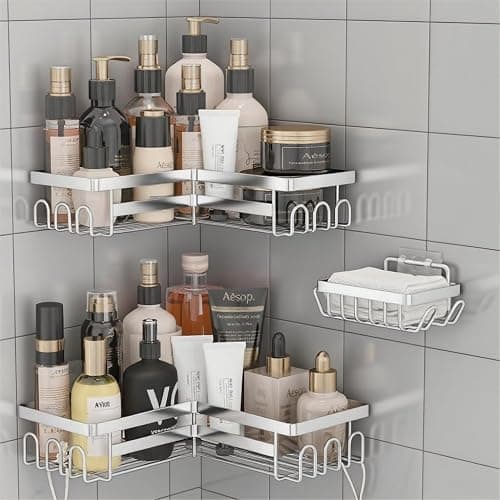 Flyrat 3 Pack Adhesive Corner Shower Caddy Shelf Organizer Rack, No Drilling Stainless Steel Shower Storage Rack with Hooks for Bathroom Storage & Home Decor - Image 1