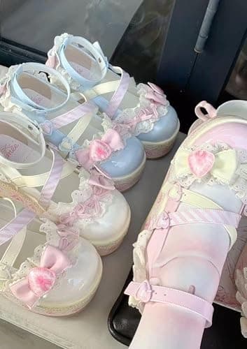 ZQW Women's Kawaii Cute Bow Strawberry Cake Lace Chunky Mary Jane Heels Round Toe Lolita Y2K Aesthetic Platform Wedge Shoes thumbnail 7