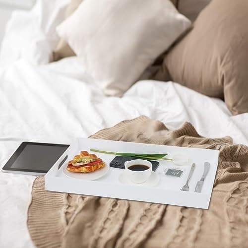 18×16 Inch Glossy White Acrylic Serving Tray with Handles Extra Large Ottoman Tray Decorative Tray Spill-Proof Coffee Table Space Saver Oversize Counter top Organizer Platter with Safe Edge thumbnail 2