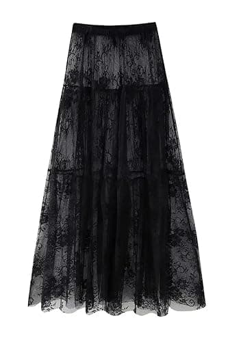 Mumaroho Women Sexy High Waist Solid A-line Cover Ups Beach Sheer Mesh Lace Maxi Skirt Without Lining thumbnail 5