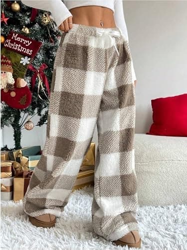 Flannel Pajama Pants for Women Plush Fuzzy Plaid Leopard Pjs Pant Furry | Flannel Pajama Pants for Women Plush Fuzzy Plaid Leopard Pjs Pant Furry Pajamas Bottom Sleep Pants thumbnail 5