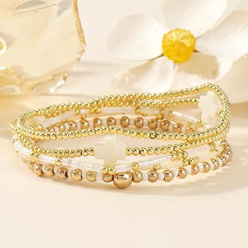 SHINUS BOHO 5Pcs Gold Plated Cross Beaded Bracelets Stack Set for Women,Stretch Stackable Boho Colorful Beads Ball Jewelry Friendship Summer Daily Wear Trendy thumbnail 3