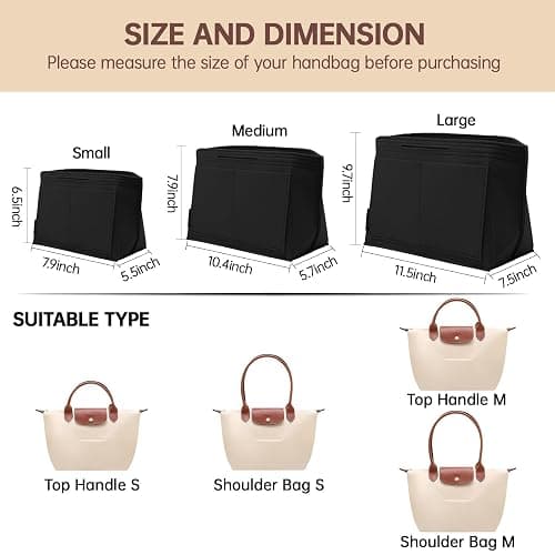OPPOSHE Purse Organizer Insert for Longchamp Le Pliage, Premium Felt Long Champ Bag Handbag Women, Tote Organizer Insert with 9 Compartments (Large, Black) thumbnail 2