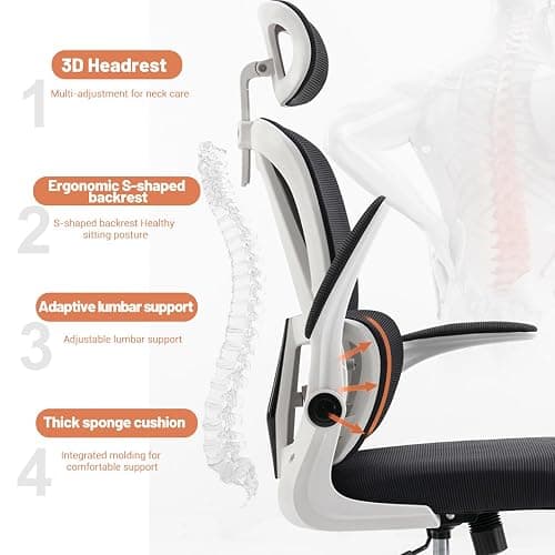 XUEGW Ergonomic Office Chair Computer Desk Chairs with Flip-up Armrests and Lumbar Support, High Back Mesh Gaming Chairs Rolling Work Swivel Task Chairs with Adjustable Headrest thumbnail 4