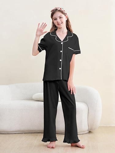 QZH.DUAO 3 Piece Girls Pajama Sets 100% Cotton Ruffle Long Pants with Shorts Sleepwear 3pcs Button Down PJs 5-14 Years thumbnail 5
