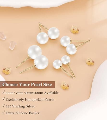 HAINBAG Pearl Stud Earrings for Women, Handpicked Freshwater Pearl Hypoallergenic Silver Post Earring Studs thumbnail 3