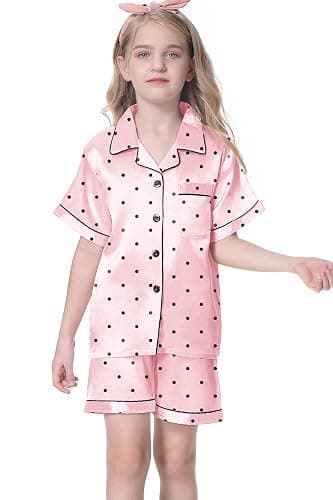 Umeyda Women & Girls Pajamas Set, 2 Piece PJS Satin Silk Sleepwear Button-Down Top with Shorts for Mom Kids Gifts thumbnail 3