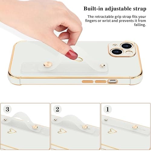 LLZ.COQUE for iPhone 15 Case with Strap Stand, White | Bling Luxury Cover, Cute Heart Design for Women Girls, Adjustable Hand Strap Stand, Shockproof Bumper Protection Phone Case thumbnail 3